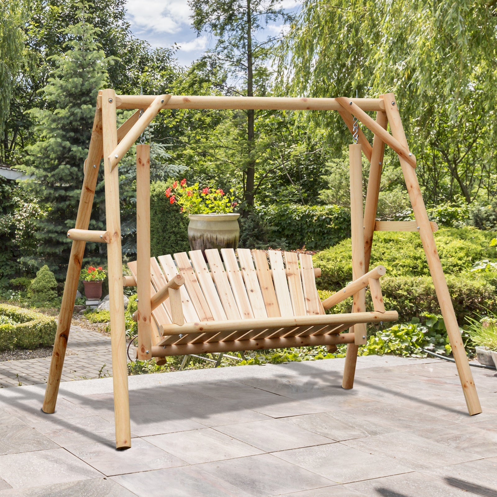 Outsunny 6.5ft Outdoor Loveseat, Wood Porch Swing for 2 Person, Freestanding Garden Swing, Comfortable Seating 