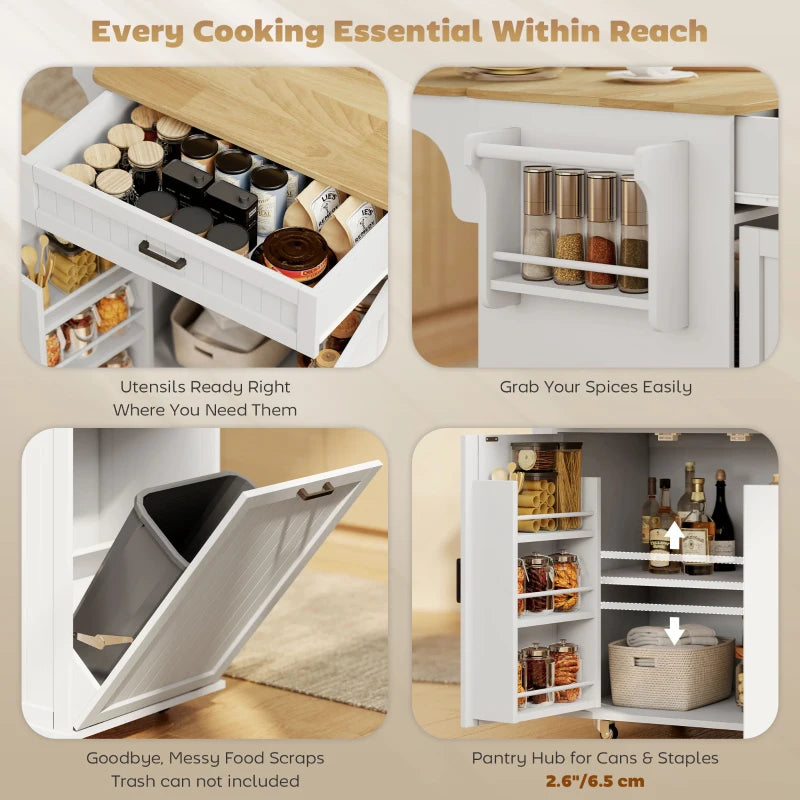 Kitchen Island Cart, Portable Kitchen Island Table with Charging Station, Rubber Wood Drop Leaf, Trash Storage, White