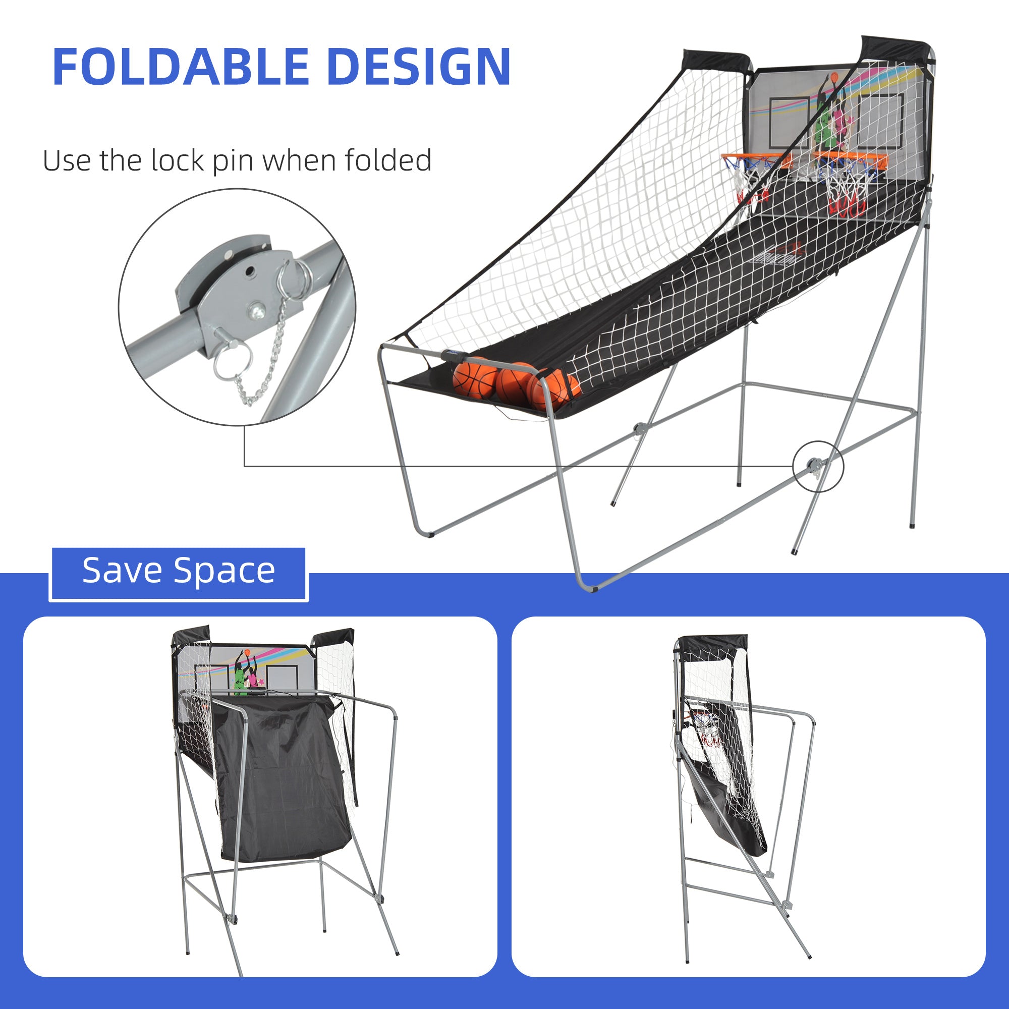 HOMCOM Arcade Style Double Shot Basketball Game Indoor Electronic Scoring System Foldable Design with 4 Balls 