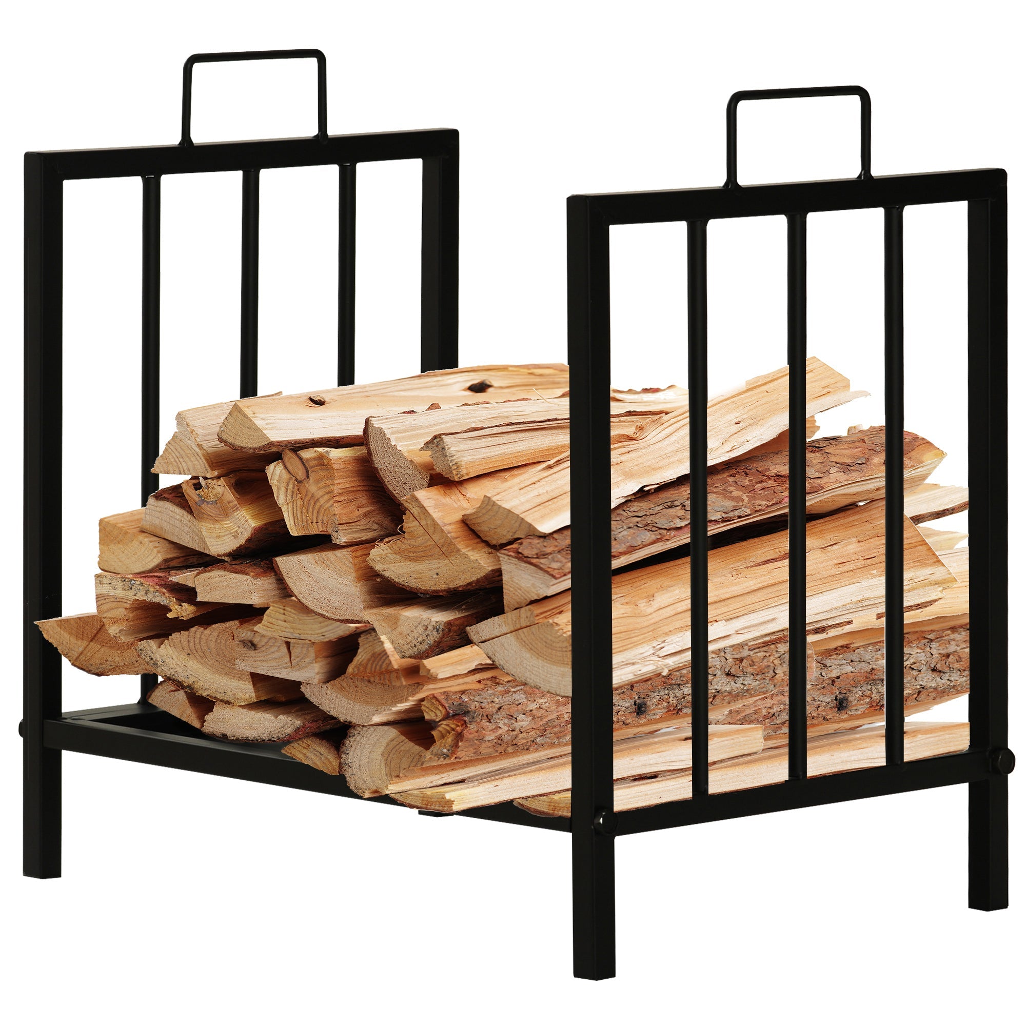 Outsunny 15.5" Firewood Rack Heavy-Duty Metal Wood Storage Log Holder with Side Handles, Indoor and Outdoor, Black 