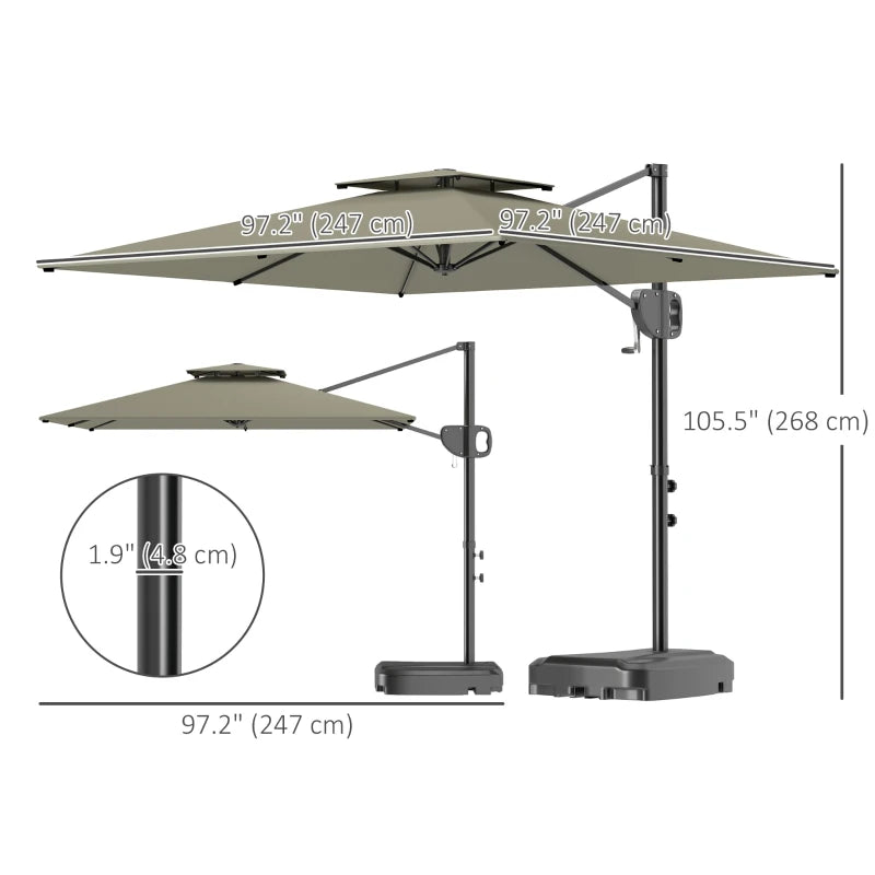 Square Cantilever Patio Umbrella, Double Top Patio Hanging Offset Umbrella with Crank & Tilt, 8' x 9', Light Grey