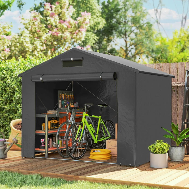 8' x 6' Portable Shed, Waterproof Bike Tent with Roll-up Zipper Door, Vent and Galvanised Metal Frame, Dark Grey