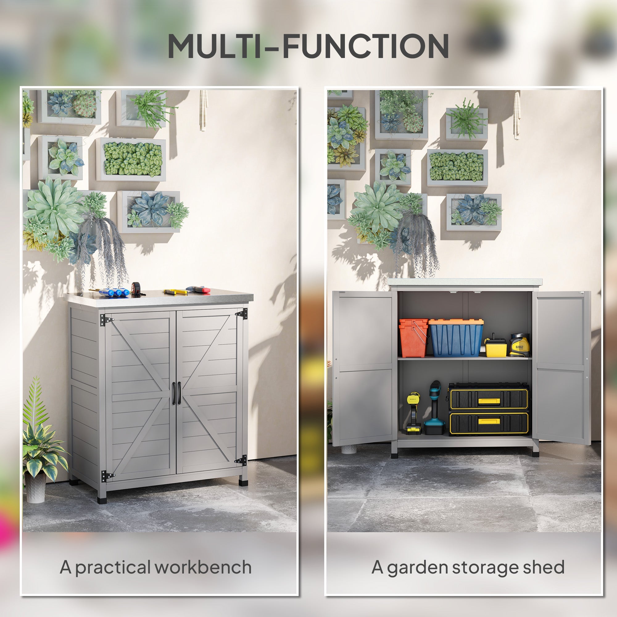 Outsunny Garden Storage Cabinet, Outdoor Potting Bench Table with Metal Tabletop, Shelf and Double Doors, Grey 