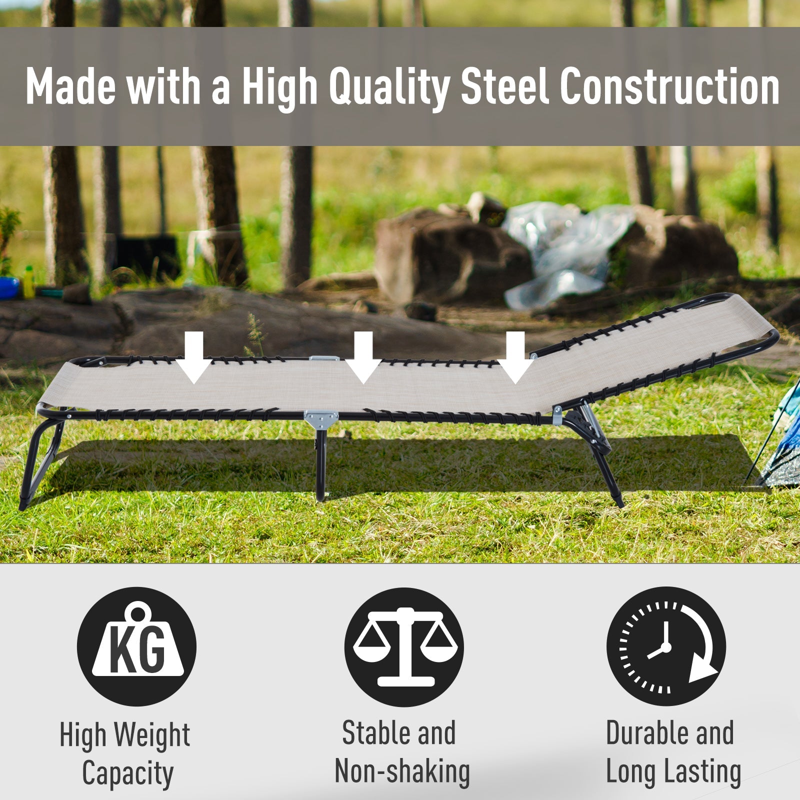 Outsunny Adjustable Folding Beach Bed 4-Level Reclining Lounger Lightweight Portable Outdoor Beige 