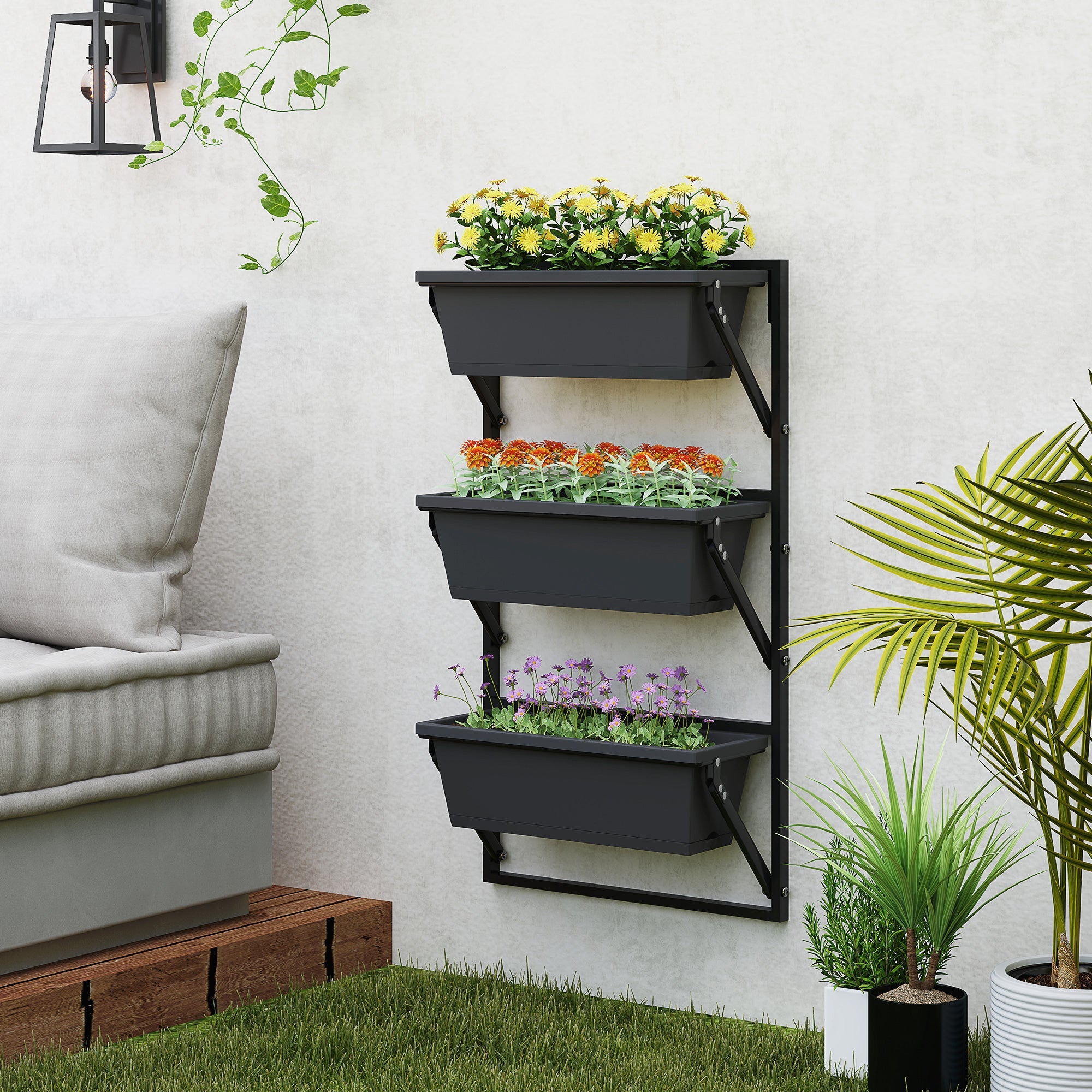 Outsunny 3-Tier Wall-Mounted Planter Box with 3 Pots, Vertical Planters for Outdoor Plants, Dark Grey 