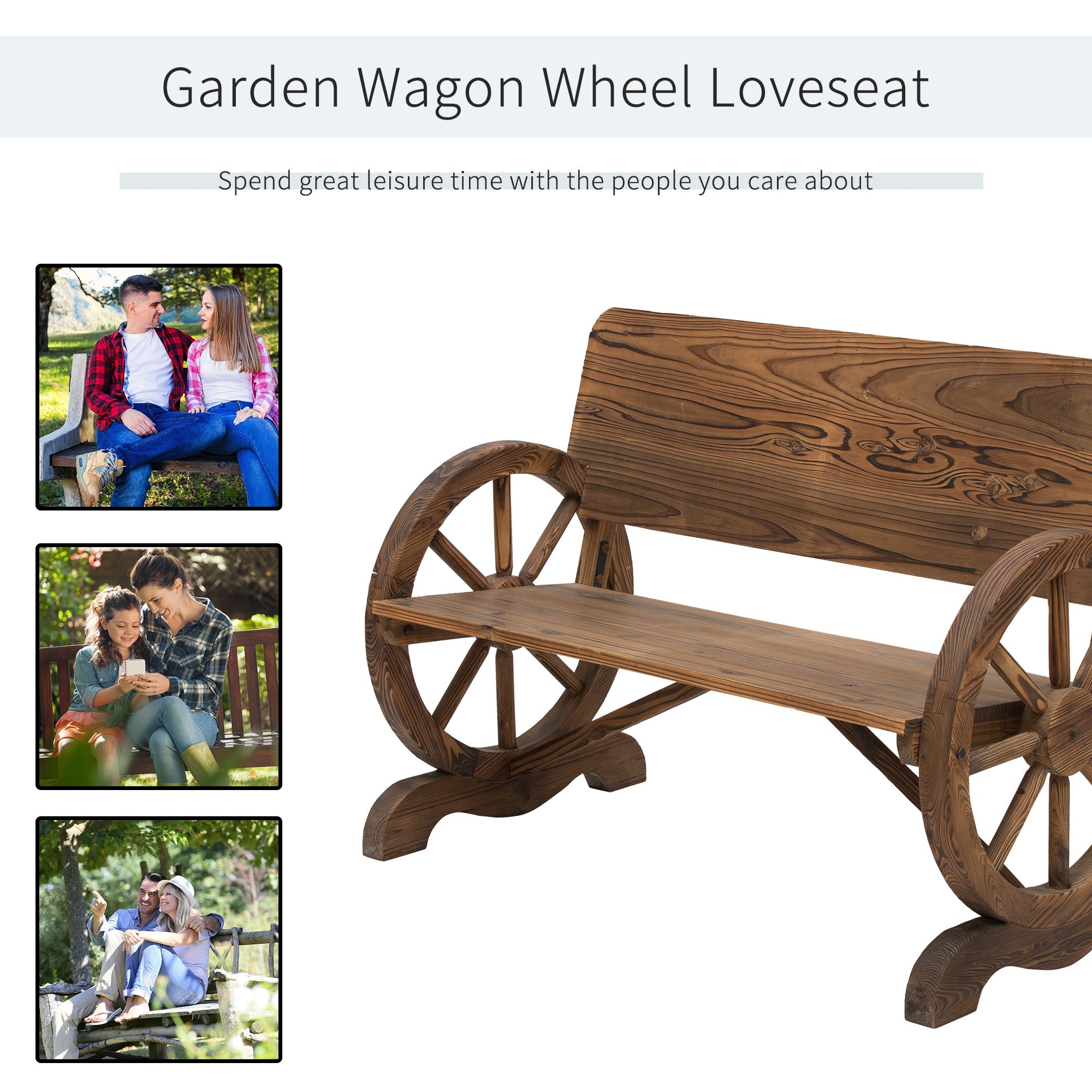 Outsunny Wooden Wagon Wheel Bench Rustic Design 2 Seater Garden Outdoor Chair High Back Loveseat 