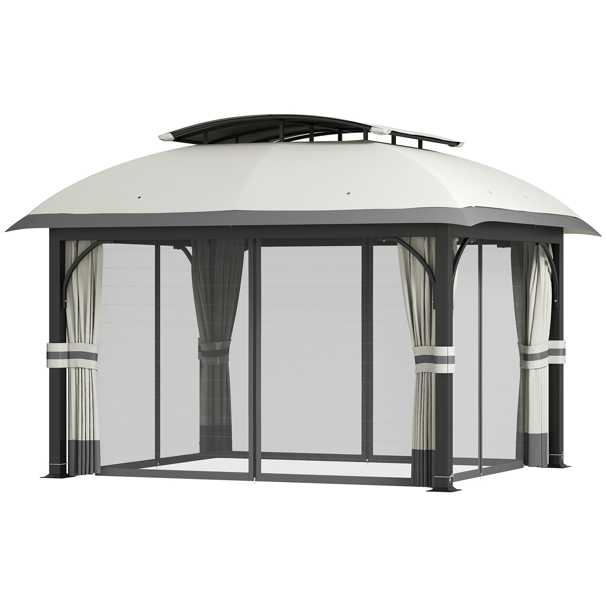 Outsunny 11' x 13' Patio Gazebo, Double Roof Outdoor Gazebo Canopy with Netting & Curtains, Galvanized Metal Frame, Light Grey 
