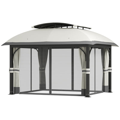 Outsunny 11' x 13' Patio Gazebo, Double Roof Outdoor Gazebo Canopy with Netting & Curtains, Galvanized Metal Frame, Light Grey 