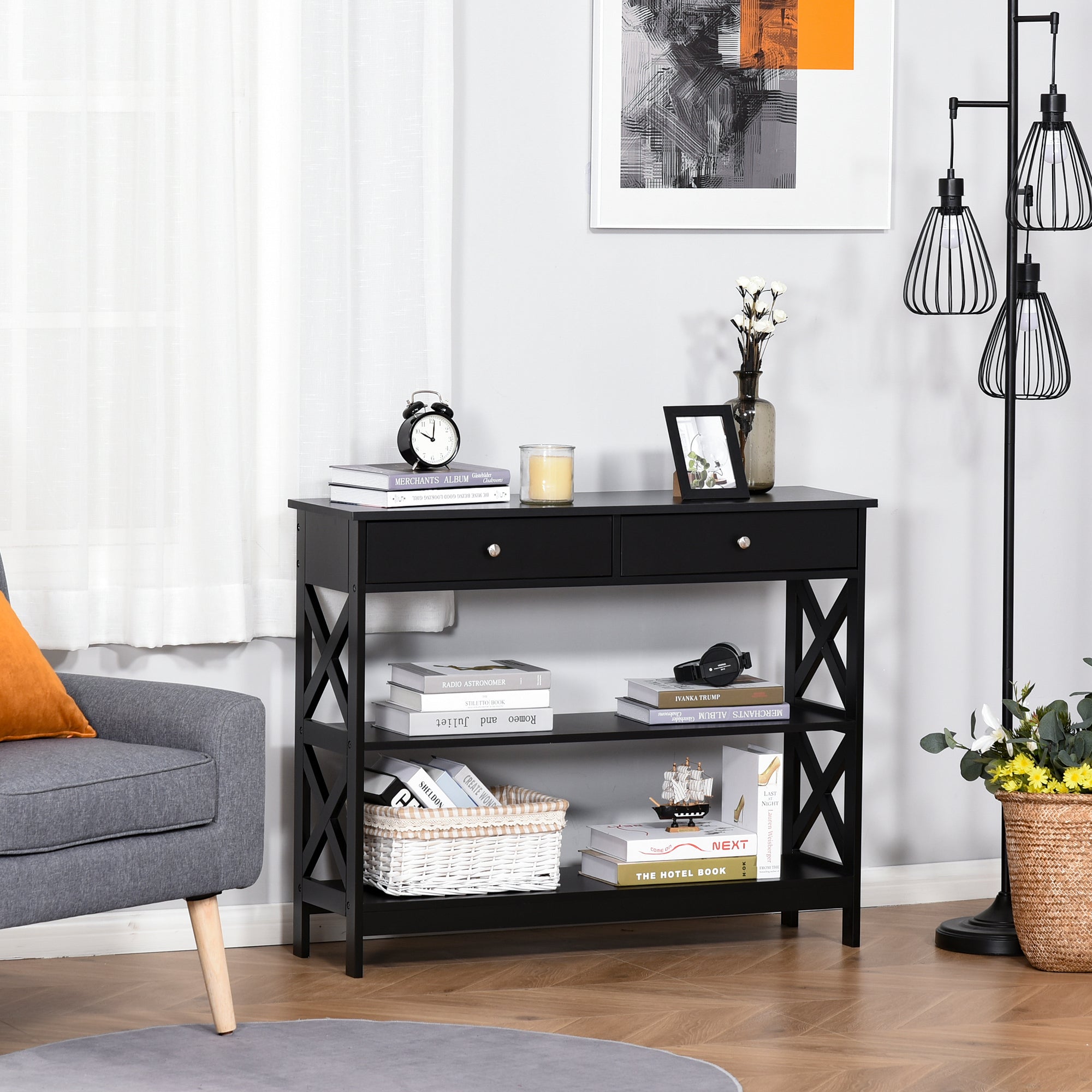 HOMCOM Sofa Side Table Console with Storage Shelves Drawers for Living Room Entryway X Frame Black 
