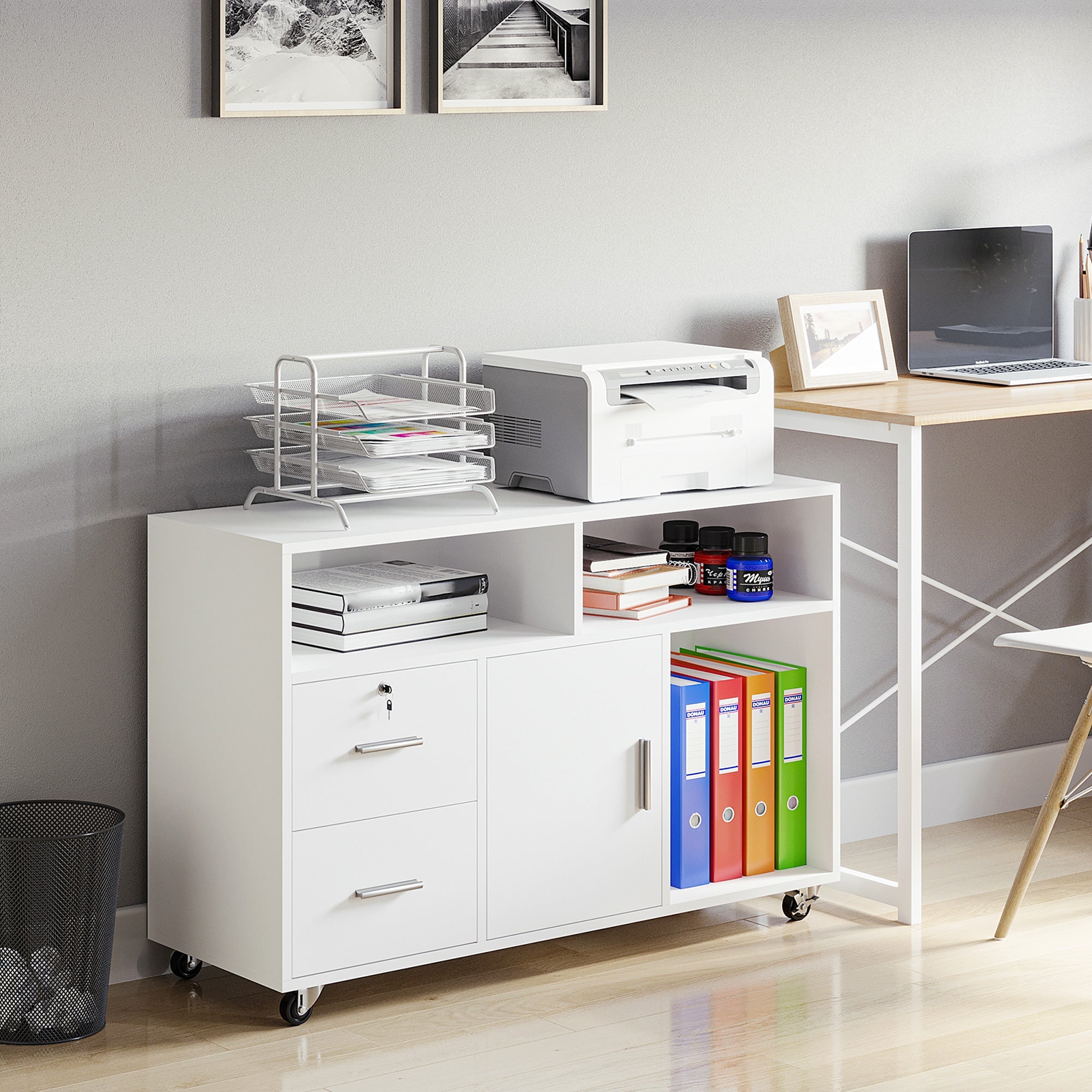 HOMCOM Mobile Printer Stand: File Cabinet with Lockable Drawer & Casters for Home Office, White 