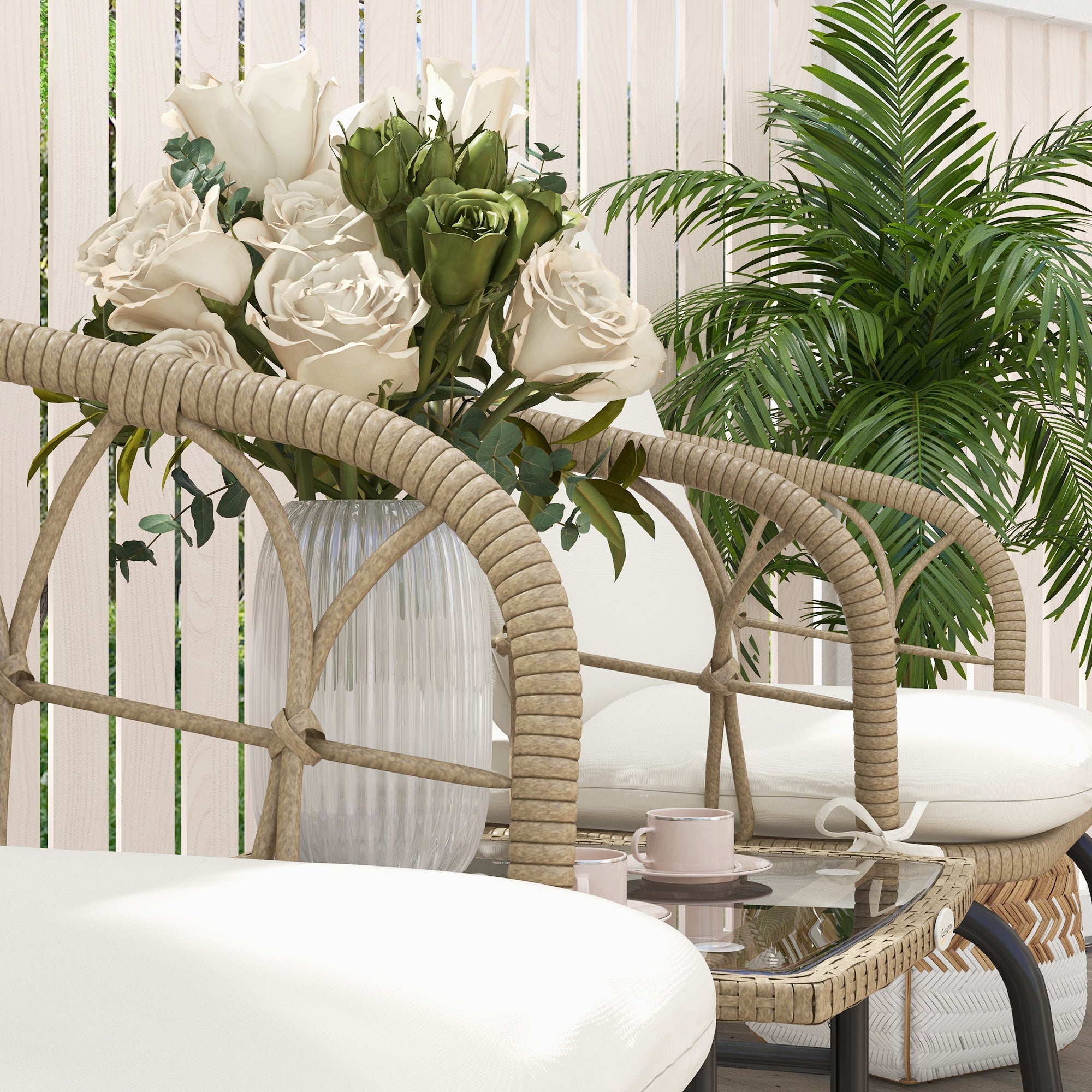 Outsunny 3 Pieces Patio Rocking Chair Patio Set with Cushions, Outdoor Round PE Rattan Wicker Hollow Design Conversation Set, Beige 