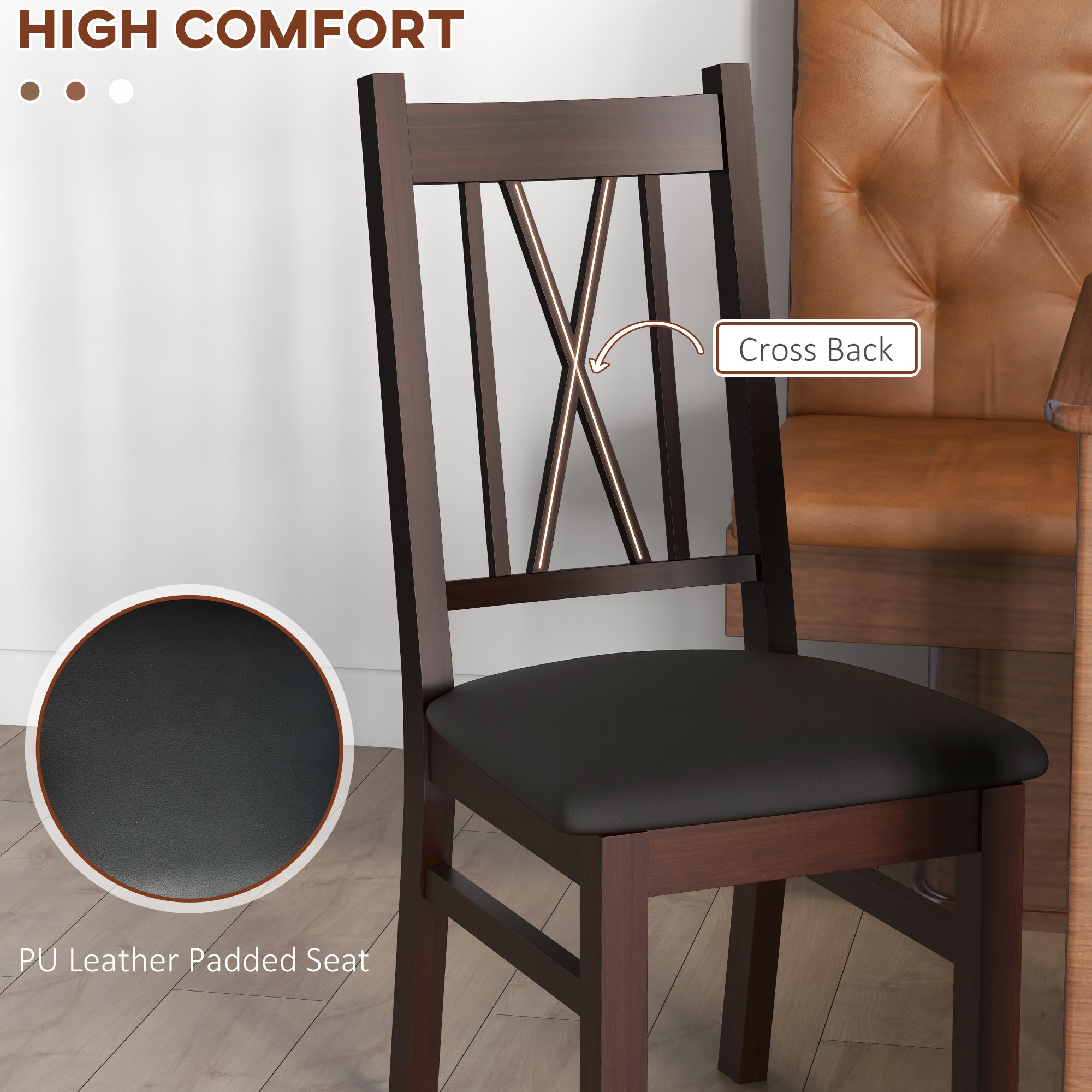 HOMCOM Rustic Farmhouse Dining Table Chairs - Set of 2, Pine Wood with PU Leather Cushion for Living Room, Bedroom 