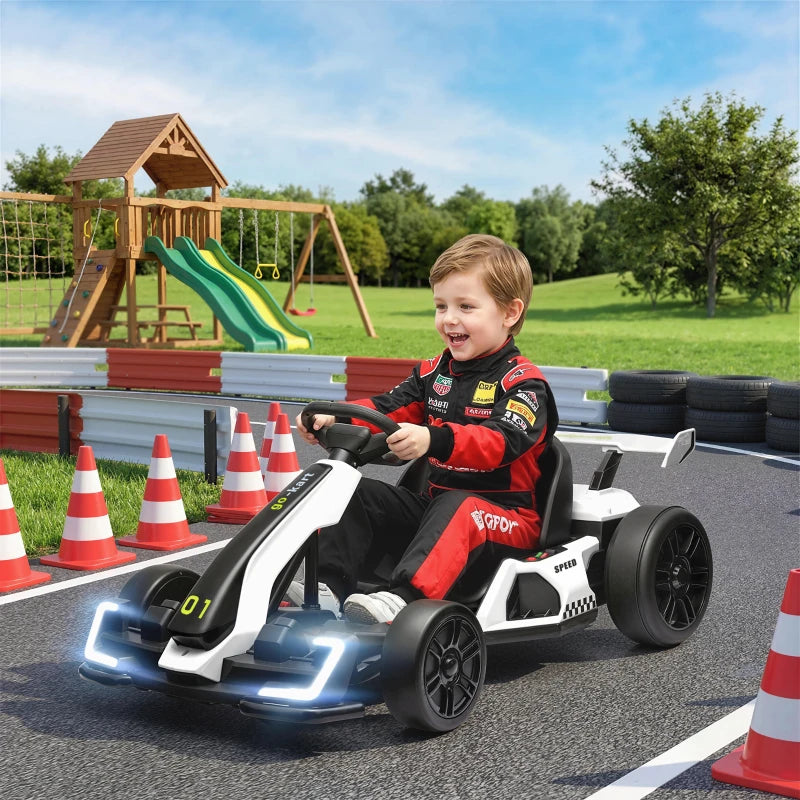 Aosom 24V Electric Go Kart, Battery Powered Kids Drift Kart with Adjustable Seat, Seat Belt, Horn, Music, Light, White