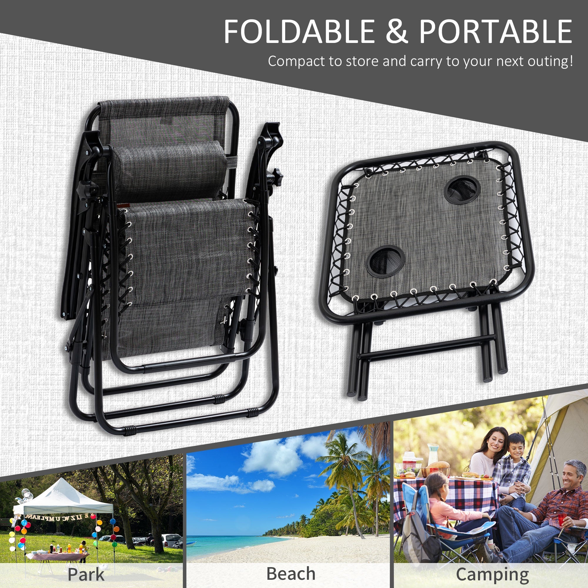 Outsunny Zero Gravity Chair Set of 2 Patio Chair with Side Table Cupholders and Pillows for Pool, Backyard, Lawn, Beach, Grey 