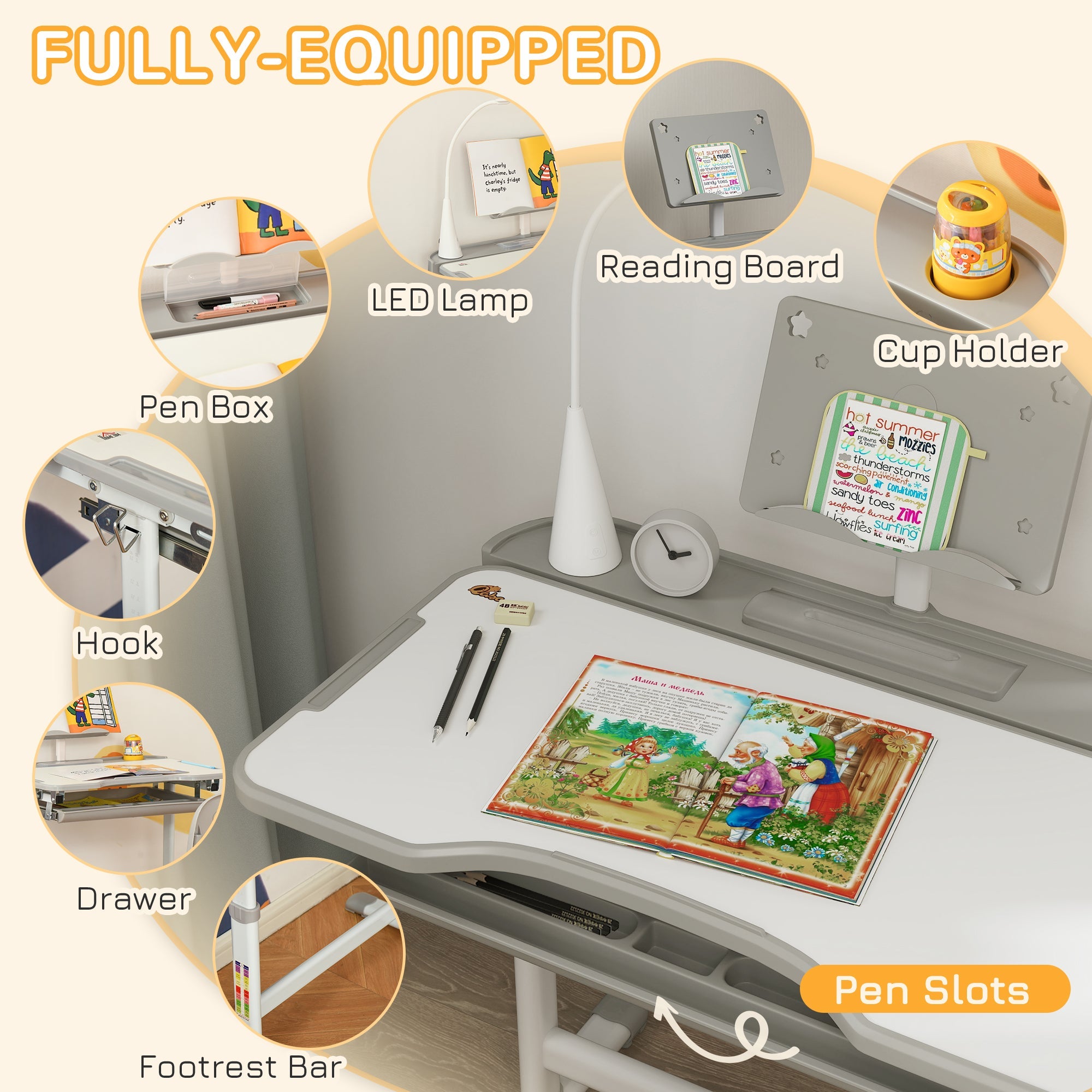 Qaba Kids Desk and Chair Set Height Adjustable Student Writing Desk Children School Study Table with Tilt Desktop, Grey 