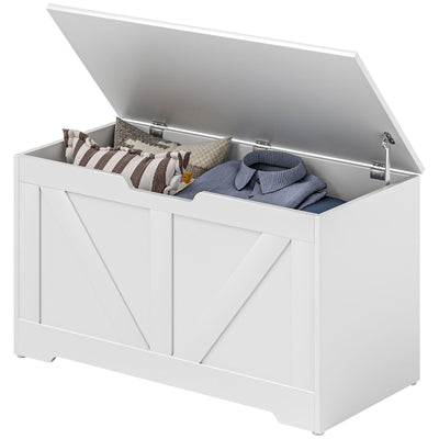 HOMCOM 31.5 Inches Storage Chest, Storage Trunk with 2 Safety Hinges, Wooden Toy Box for Living Room, White Wood Grain 