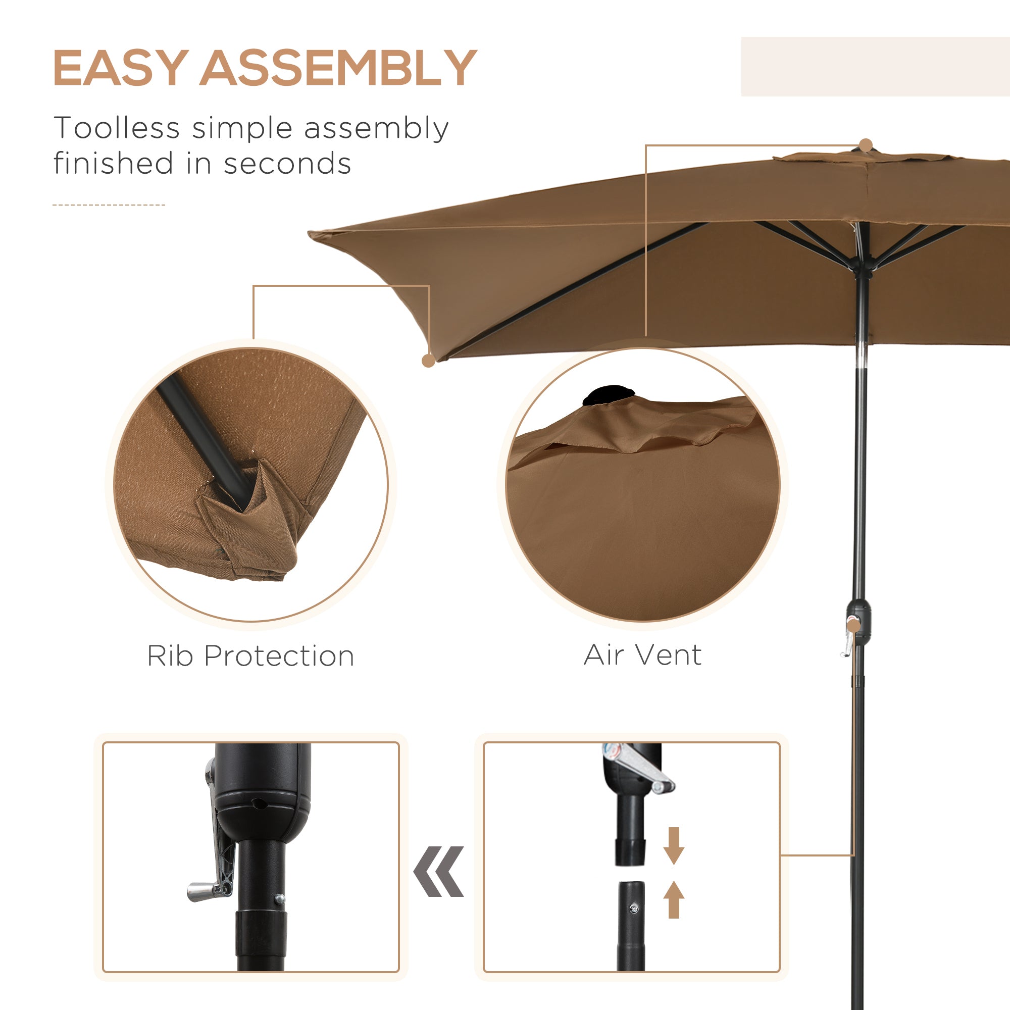 Outsunny Rectangle Patio Umbrella: 6.5x10ft Aluminum Tilt Garden Parasol Crank Coffee 
