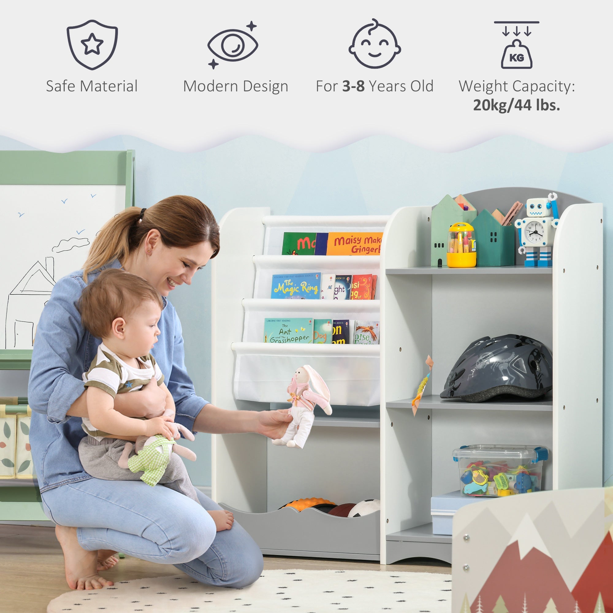 Qaba Kids Toy Storage Organizer Shelf Children Bookshelf for Bedroom Playroom Nursery Grey 