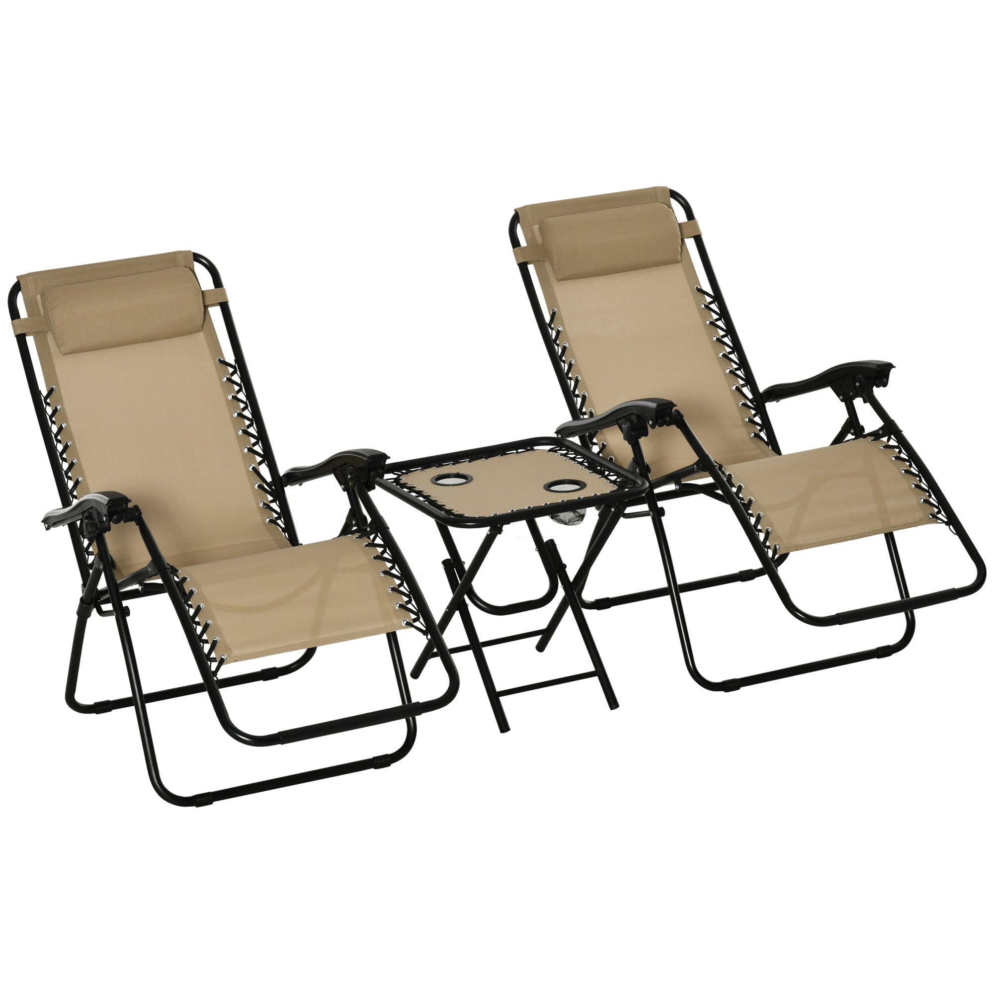 Outsunny Zero Gravity Chair Set of 2 Patio Chair with Side Table Cupholders and Pillows for Pool, Backyard, Lawn, Beige 