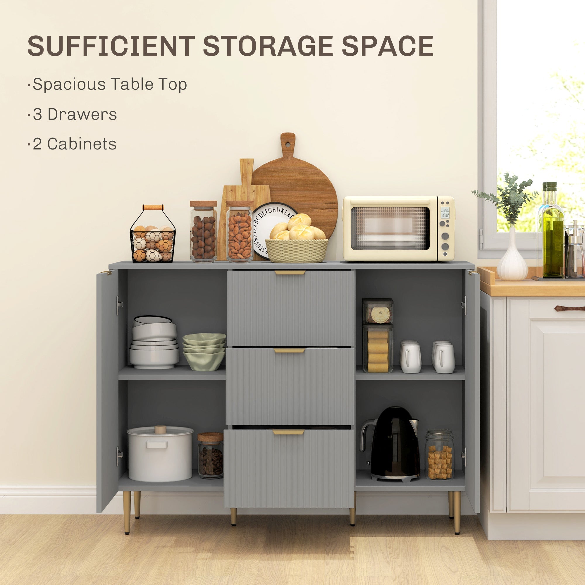 HOMCOM Modern Kitchen Storage Cabinet, Sideboard Buffet Cabinet w/ 3 Drawers and Adjustable Shelves for Kitchen Hallway, Grey 