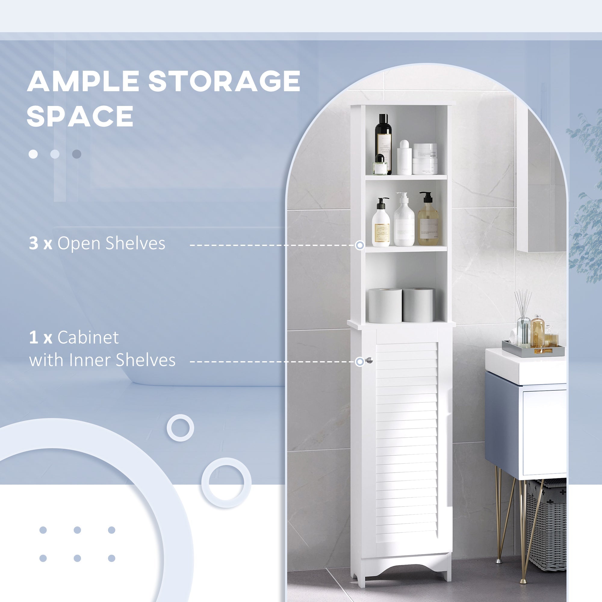 HOMCOM Linen Tower: Tall Bathroom Storage Cabinet, Freestanding 3-Tier Shelf Cupboard, White Adjustable 