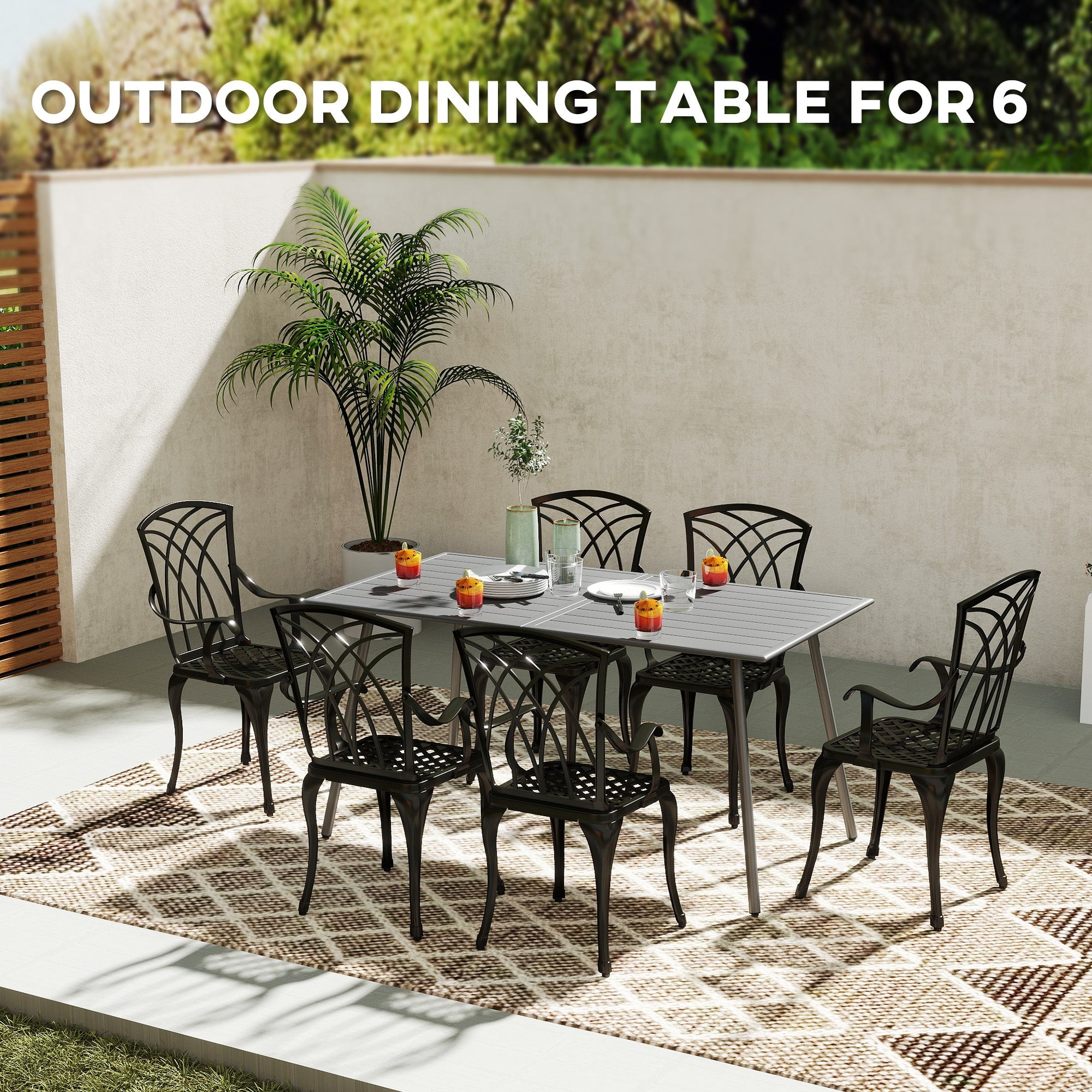 Outsunny Rectangle Patio Dining Table for 6 Person, Metal Steel Slat Outdoor Table, for Lawn, Garden, 59" x 31.5" x 29", Grey 