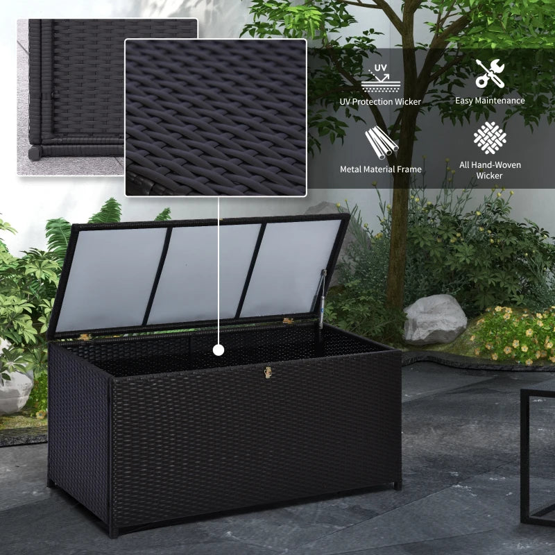 Wicker Outdoor Storage Box, 75 Gallon Deck Box with Gas Strut and Clamp Lid, Rattan Patio Storage Container for Gardening Tools, Pool Supplies, Dark Brown