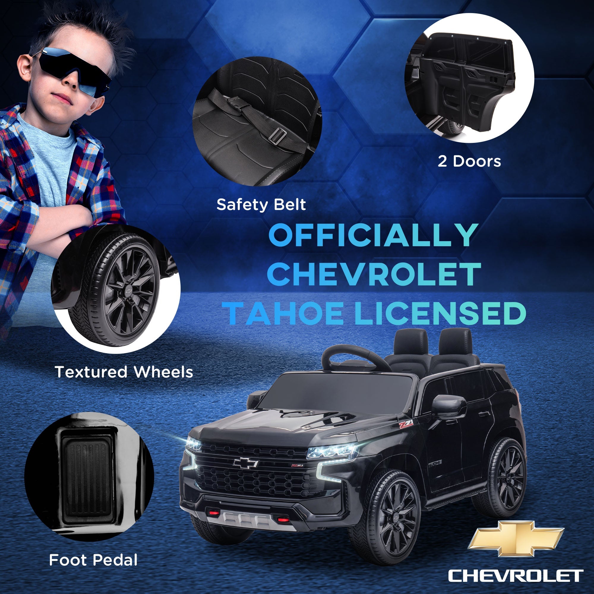 Aosom 12V Ride on Car Licensed Chevrolet TAHOE with Remote Control, 3 Speed, LED Light, Horn, Music, for 3–6 Years Old, Black 