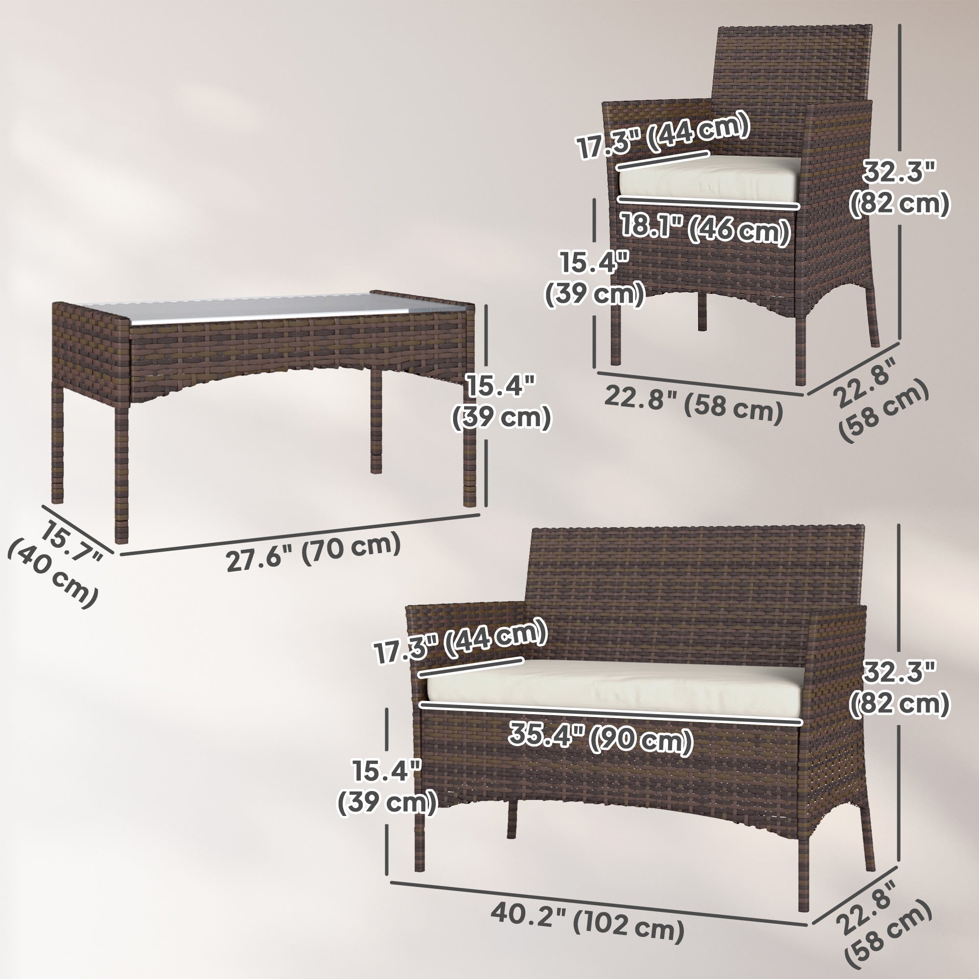 Outsunny 4 Pieces Wicker Outdoor Balcony Furniture Set Rattan Patio Furniture Set with Loveseat Chairs Glass Coffee Table Beige 