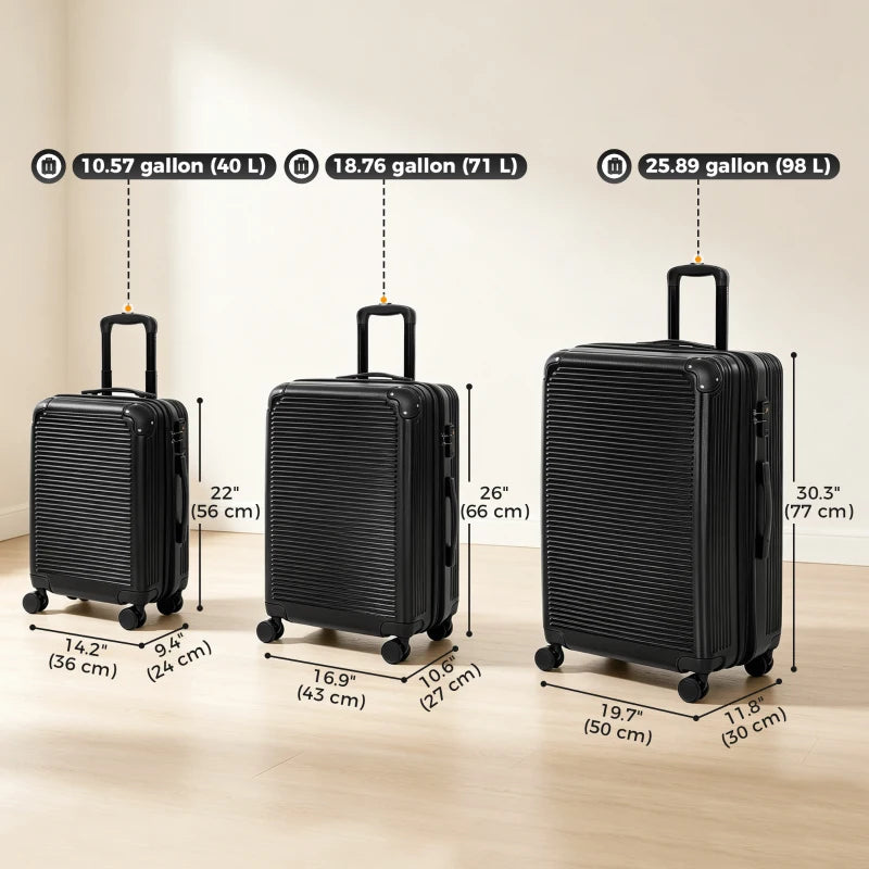 3-Piece Luggage Set with TSA Lock, Expandable Hard Shell Suitcases, 20", 24" & 28" – Black