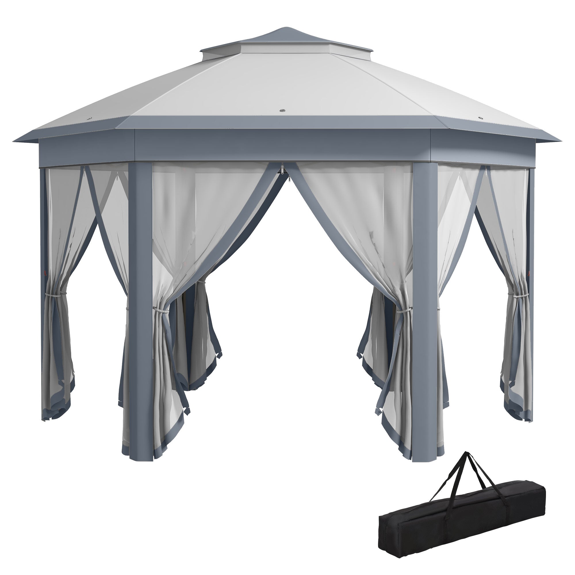 Outsunny Pop Up Hexagon Patio Gazebo 13x13ft Double Roof Outdoor Instant Shelter Garden with Netting Grey 