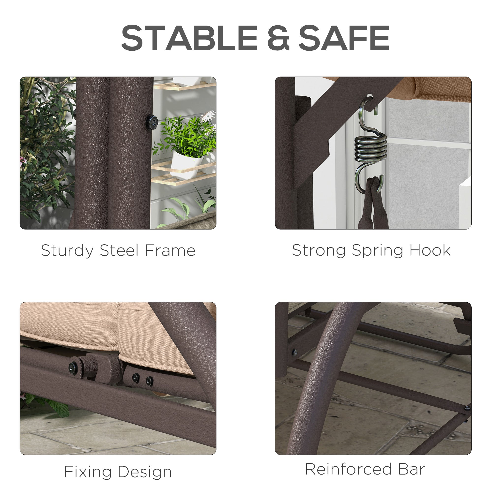 Outsunny Convertible Patio Swing Bed with Canopy and Cushions, 3 Seater Porch Swing for Outdoor, Backyard, Garden, Khaki 