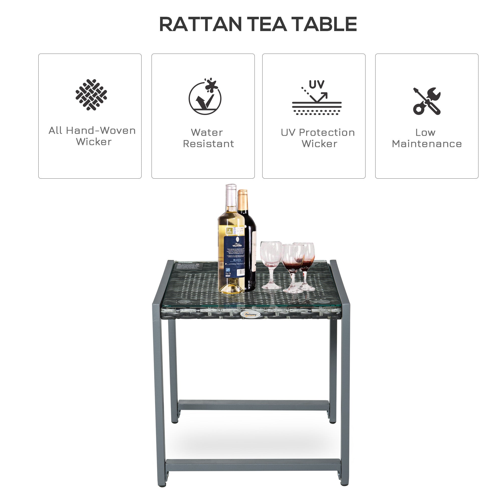 Outsunny Patio Rattan Coffee Table Wicker Side Table with Tempered Glass Top Aluminum Frame Outdoor Garden Gray 