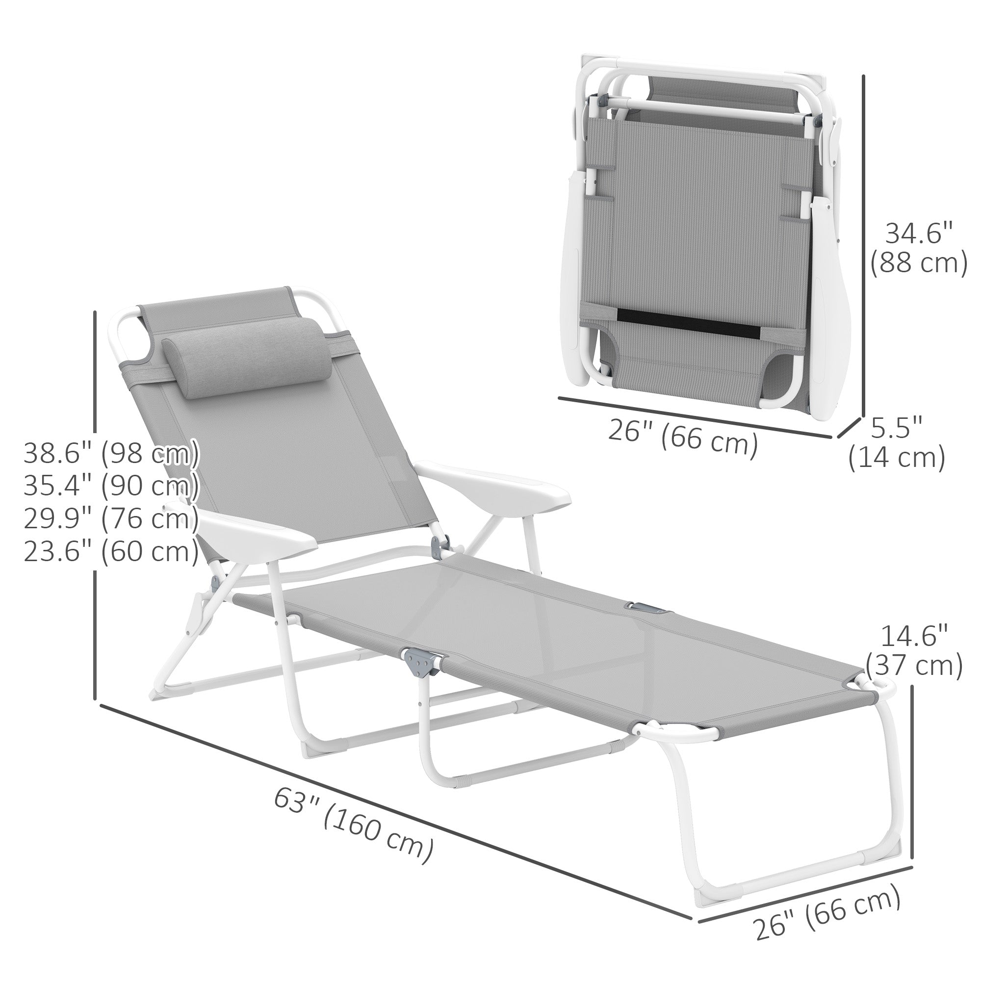 Outsunny Outdoor Sun Lounger, Folding Chaise Lounge with 4-level Adjustable Backrest, Light Grey 