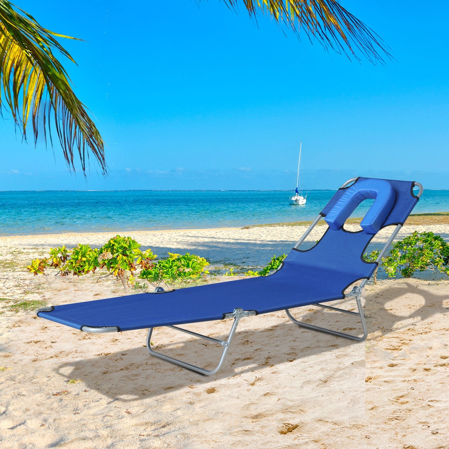 Outsunny Adjustable Folding Chaise Lounge with Face Hole Beach Camping Recliner Sunbed Blue 