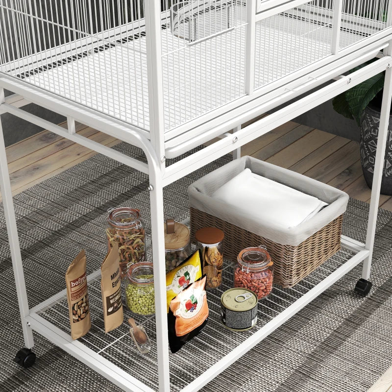 64" Large Rolling Bird Cage Bird House with Detachable Rolling Stand, Storage Shelf, Wood Perch Food Container, White