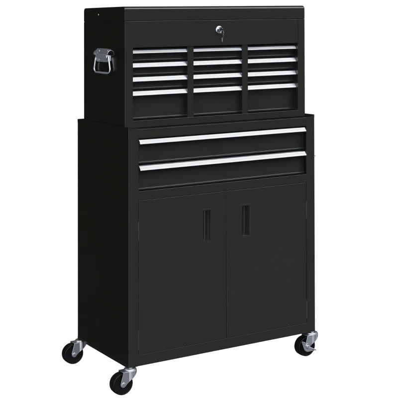 6-Drawer Rolling Tool Chest, 2 in 1 Lockable Storage Cabinet with Hooks, Metal Tool Box for Garage, Workshop, Black