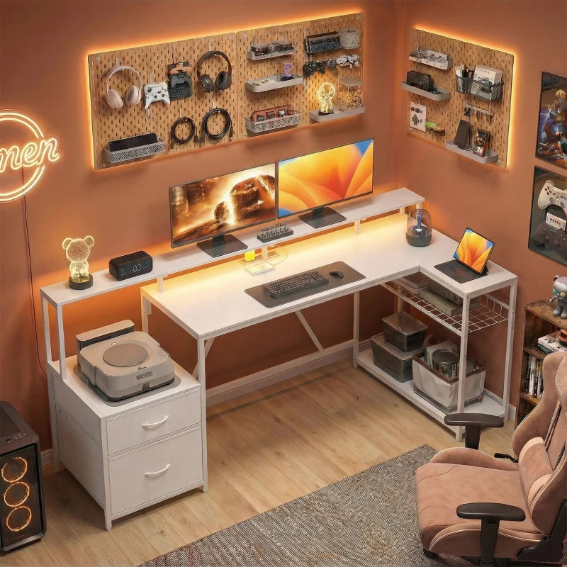 76" Gaming Desk, Reversible Computer Table with RGB Lights, USB Ports, Monitor Stand and 2 Fabric Drawers, White