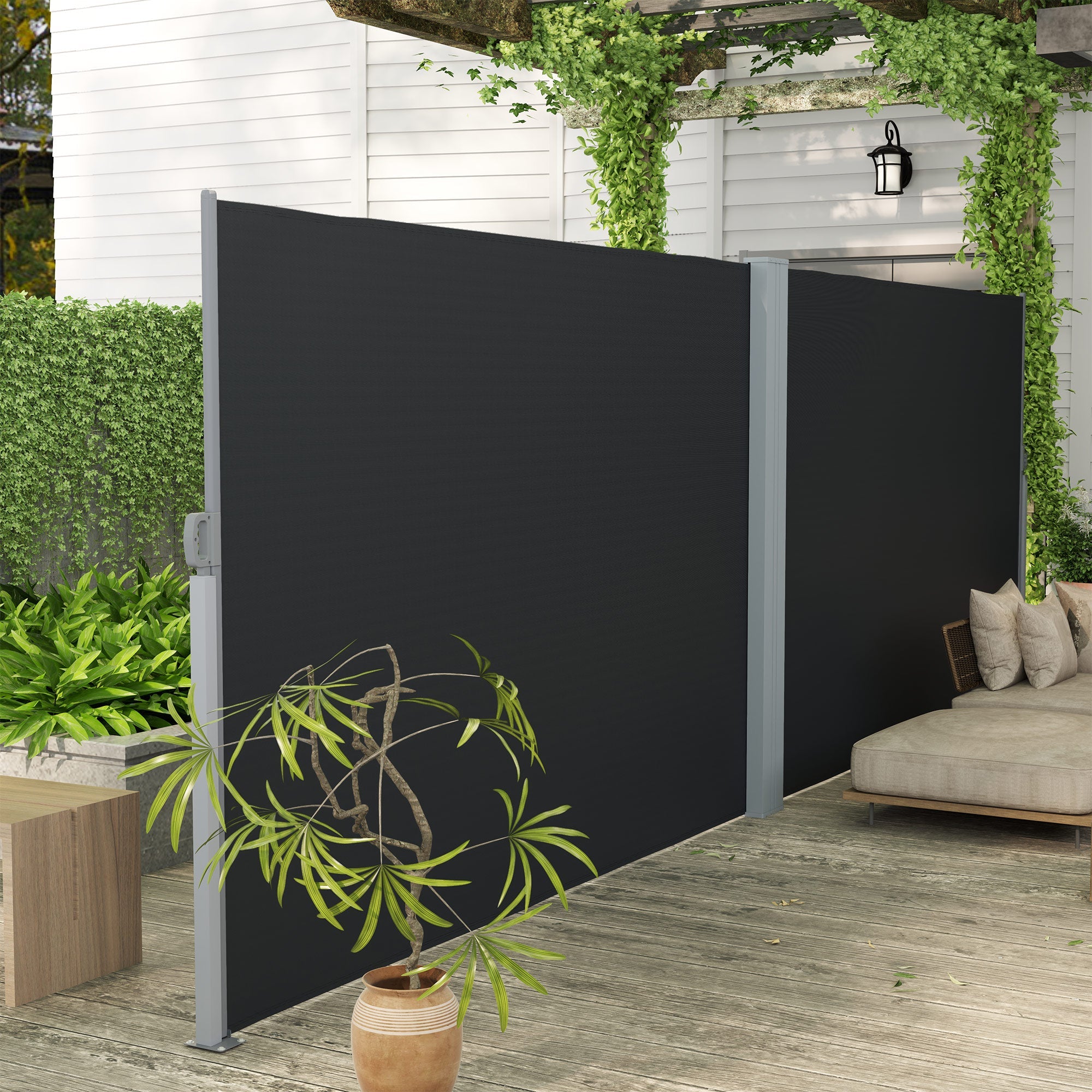 Outsunny Retractable Double Side Awning, 79"x236" Patio Privacy Screen, UV Resistant, Waterproof Wind Screen, Black 