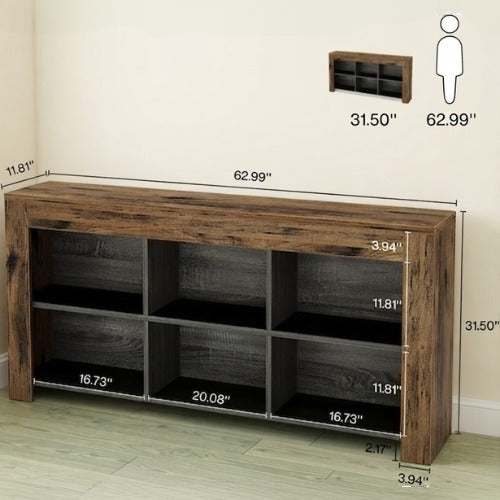 Console Table 63" Narrow Sofa Table Entryway Table with 6 Storage Cubes and Display Shelves Rustic Brown