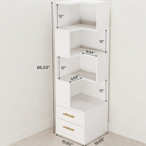 Corner Bookcase 66.9" L-Shaped Bookshelf 5-Tier Shelf with 2 Drawers White
