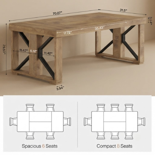70.8" Dining Table, Rectangular Kitchen Dinner Table for 6–8 People, Farmhouse Wood Finish Brown