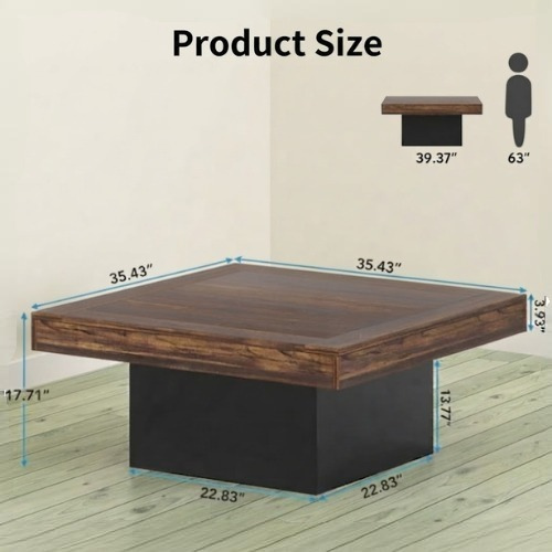 Square Coffee Table 35.4" Farmhouse Wood Cocktail Table with LED Light and Sturdy One-Leg Design Rustic Brown
