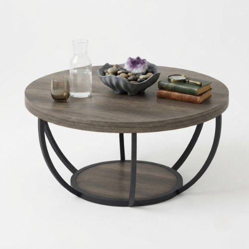 Coffee Table Round 2-Tier Central Cocktail Table with Shelves Engineered Wood Top Metal Frame Wood Grain Finish
