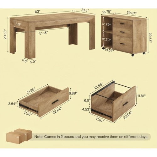 63" L-Shaped Executive Desk with Storage, 3 Drawers & Mobile Lateral File Cabinet, Home Office Computer Workstation