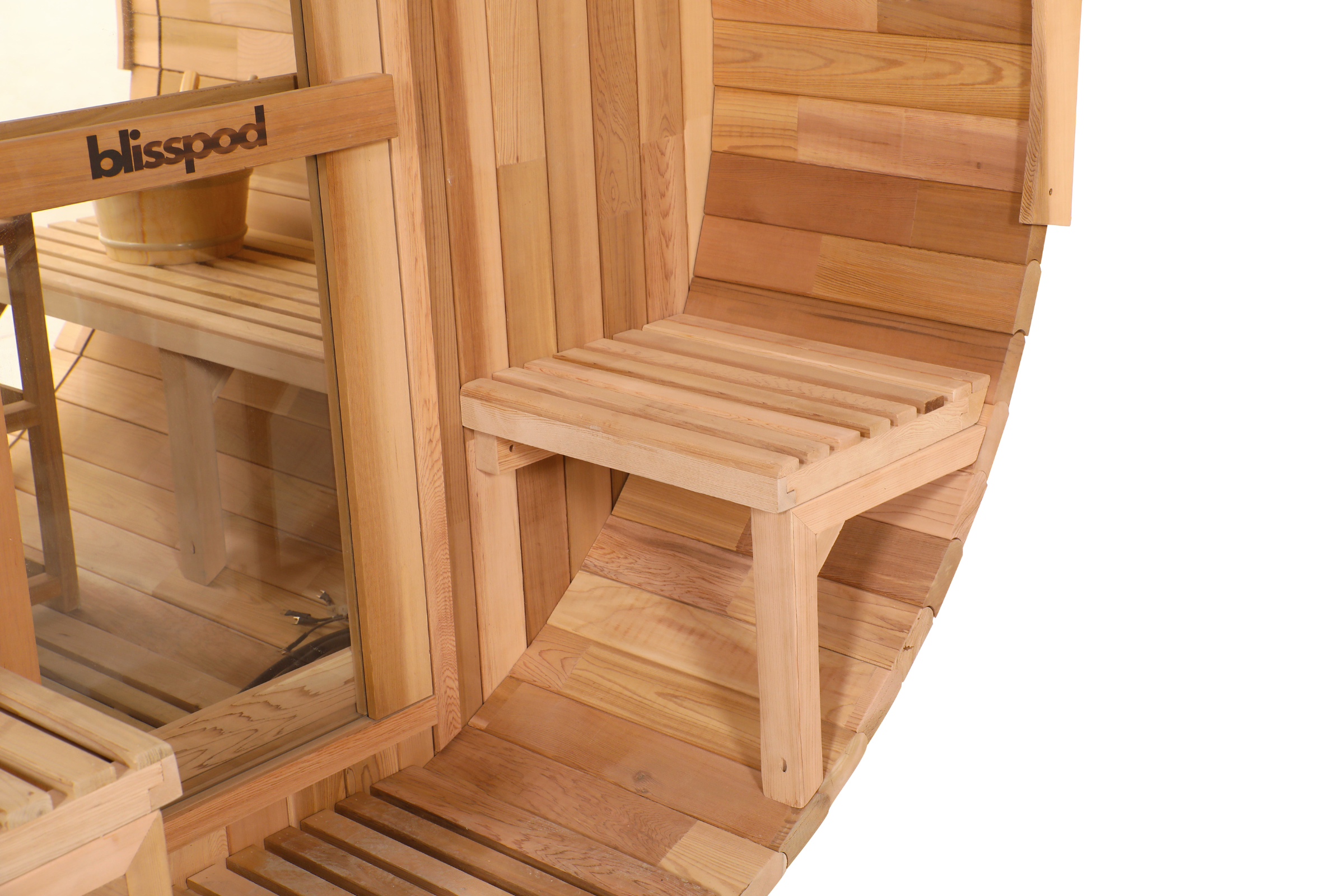 Blisspod, Prague, Canadian Red Cedar Outdoor Steam Barell Sauna, 2-4 / 4-6 persons with Full Glass Back & 2 front Porch seats 