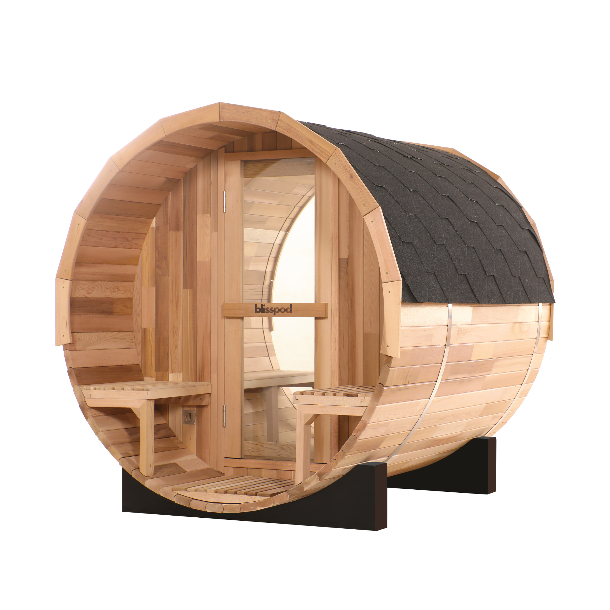 Blisspod, Prague, Canadian Red Cedar Outdoor Steam Barell Sauna, 2-4 / 4-6 persons with Full Glass Back & 2 front Porch seats 