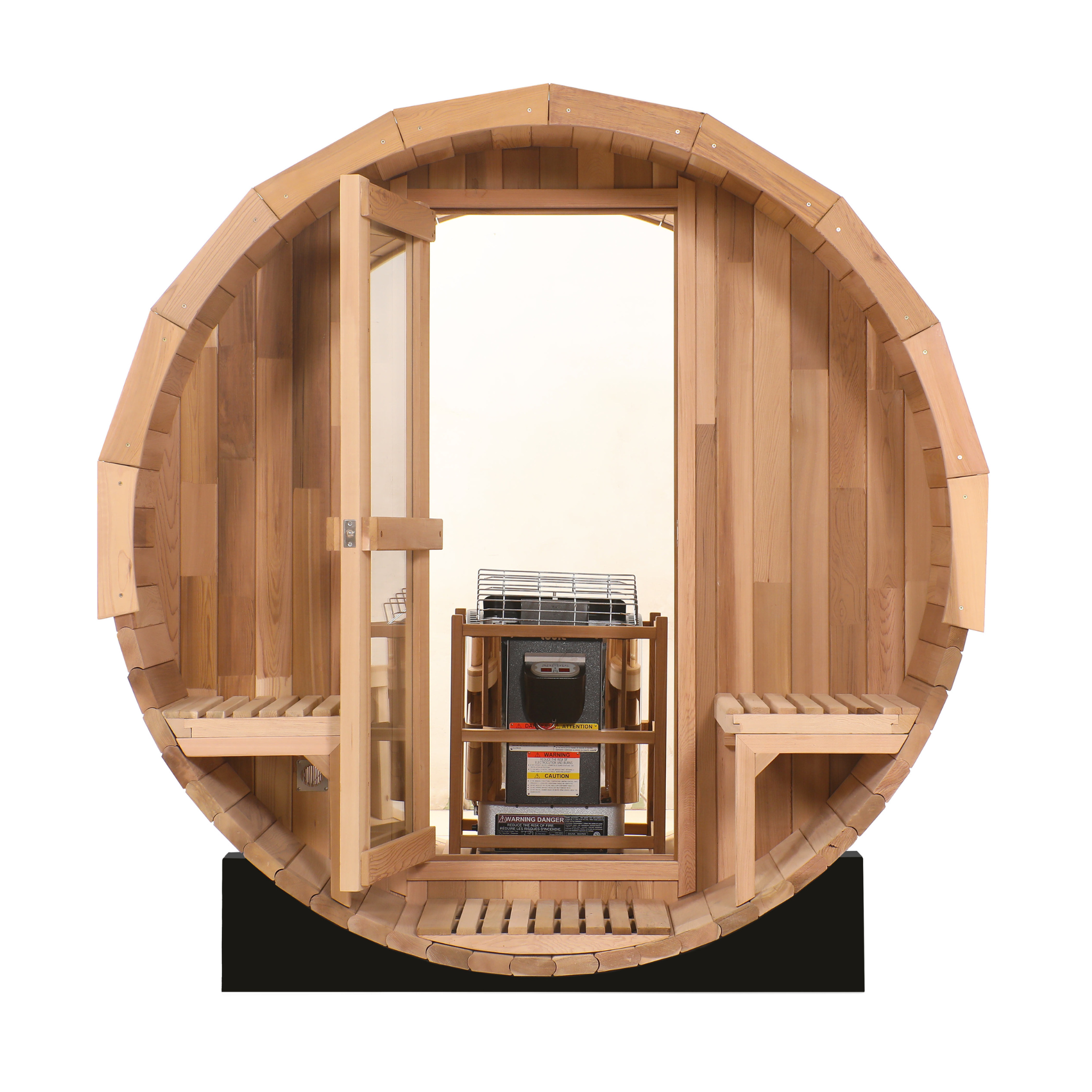 Blisspod, Prague, Canadian Red Cedar Outdoor Steam Barell Sauna, 2-4 / 4-6 persons with Full Glass Back & 2 front Porch seats 