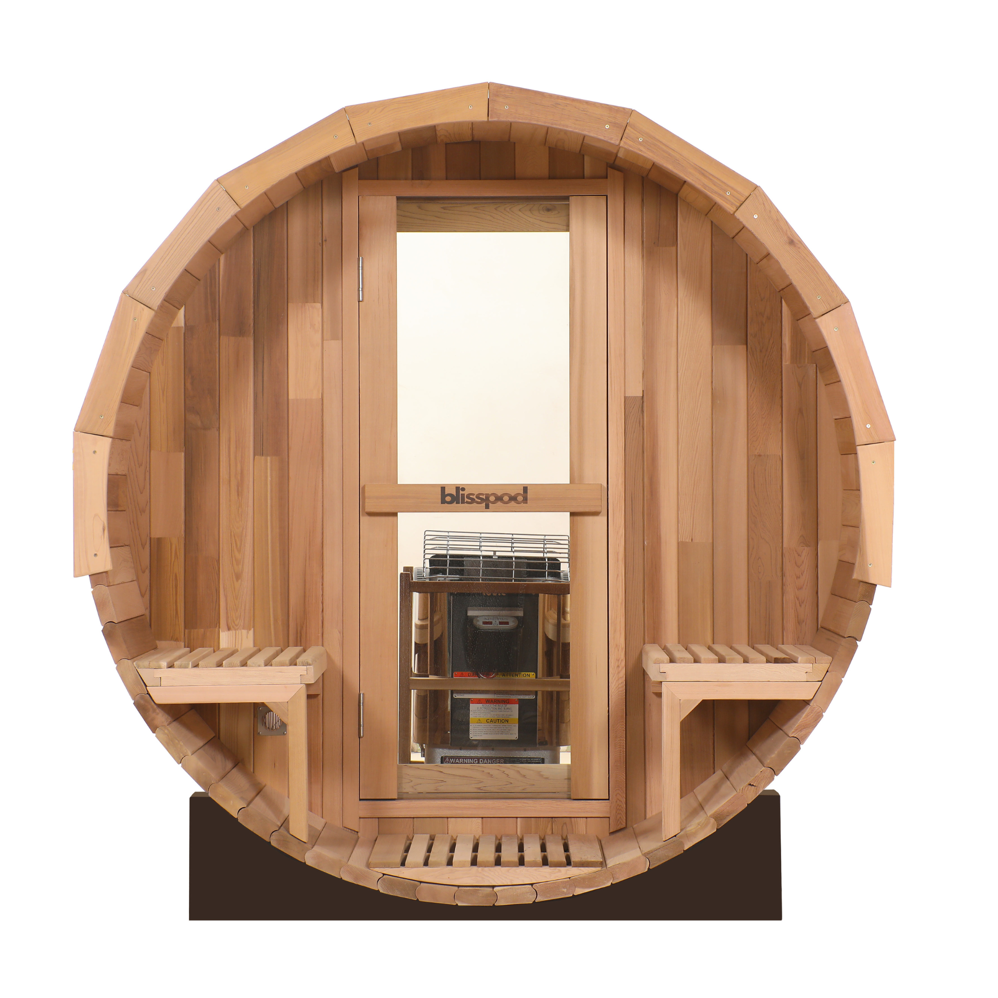 Blisspod, Prague, Canadian Red Cedar Outdoor Steam Barell Sauna, 2-4 / 4-6 persons with Full Glass Back & 2 front Porch seats 