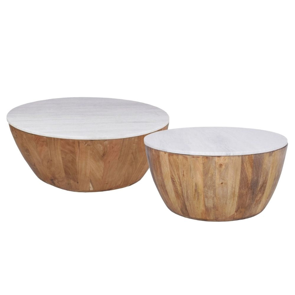 Cecile Mango Wood Drum Coffee Table With Marble Top 